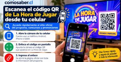 Escaneo del código QR de La Hora de Jugar desde un celular Android o iPhone, con instrucciones para acceder a concursos y promociones del programa en Chile