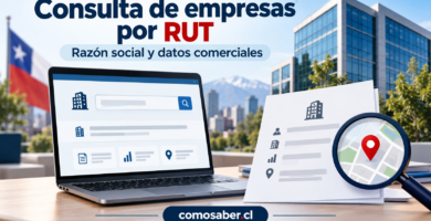 Búsqueda de información comercial de una empresa en Chile mediante su identificador tributario, junto a un edificio de oficinas.